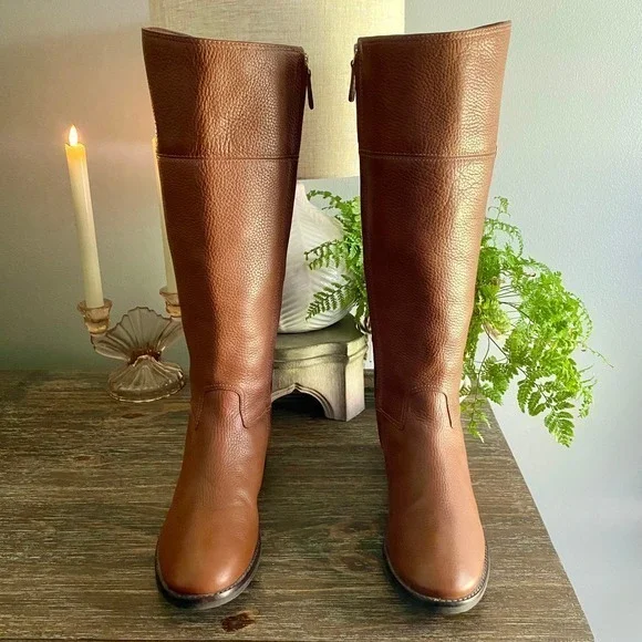 Tory Burch ‘Jolie’ Tall Luxury Riding Boots Pebbled Leather Womens 8.5 Tan Brown
